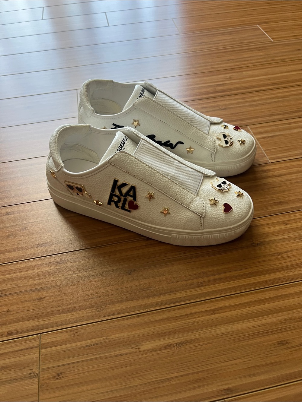 Karl Lagerfeld White Slip-On Sneakers with Gold Stars and Red Hearts